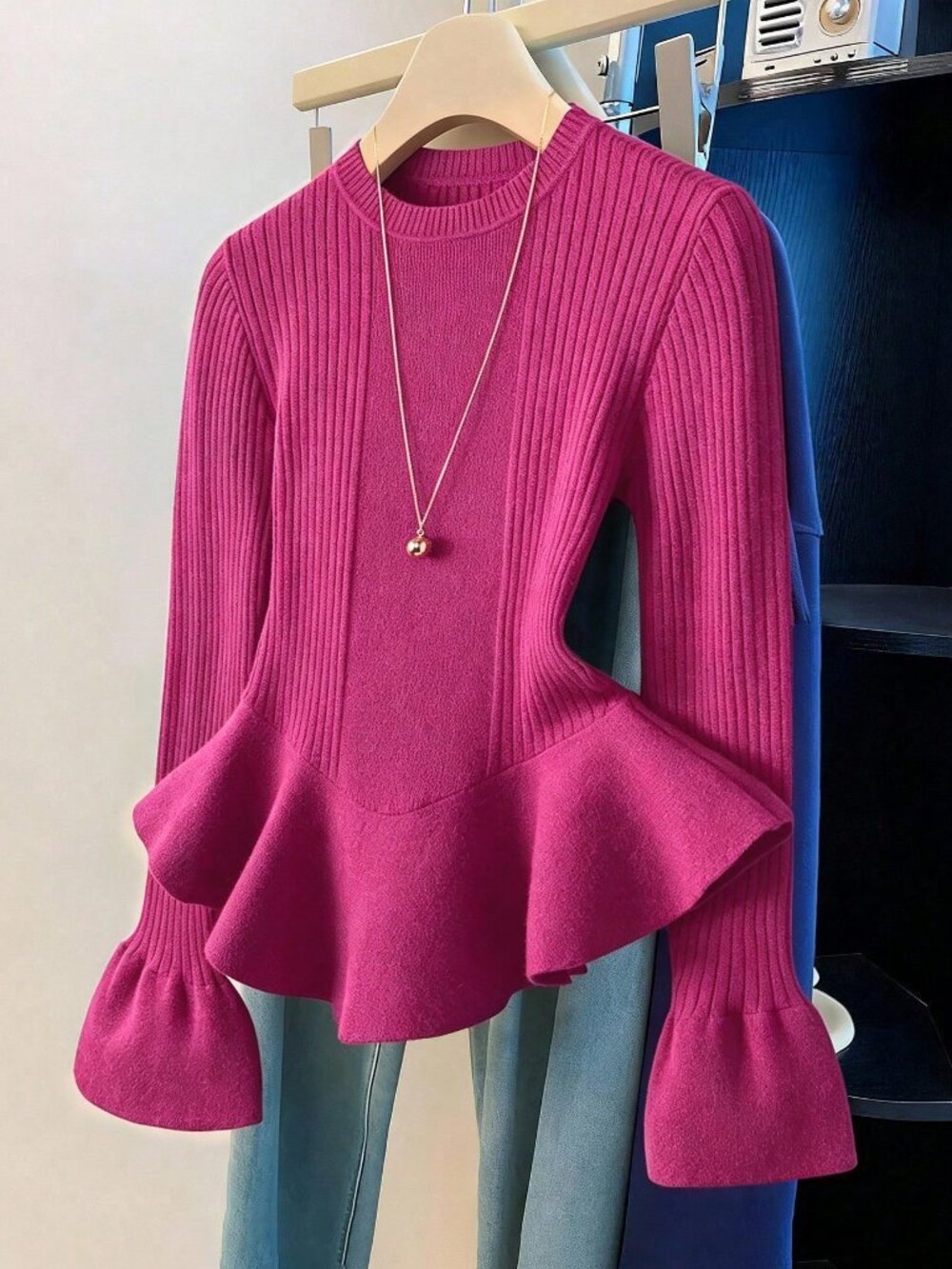 Hot Pink Casual Women's Round Neck Flared Sleeve Ruffle Hem Sweater